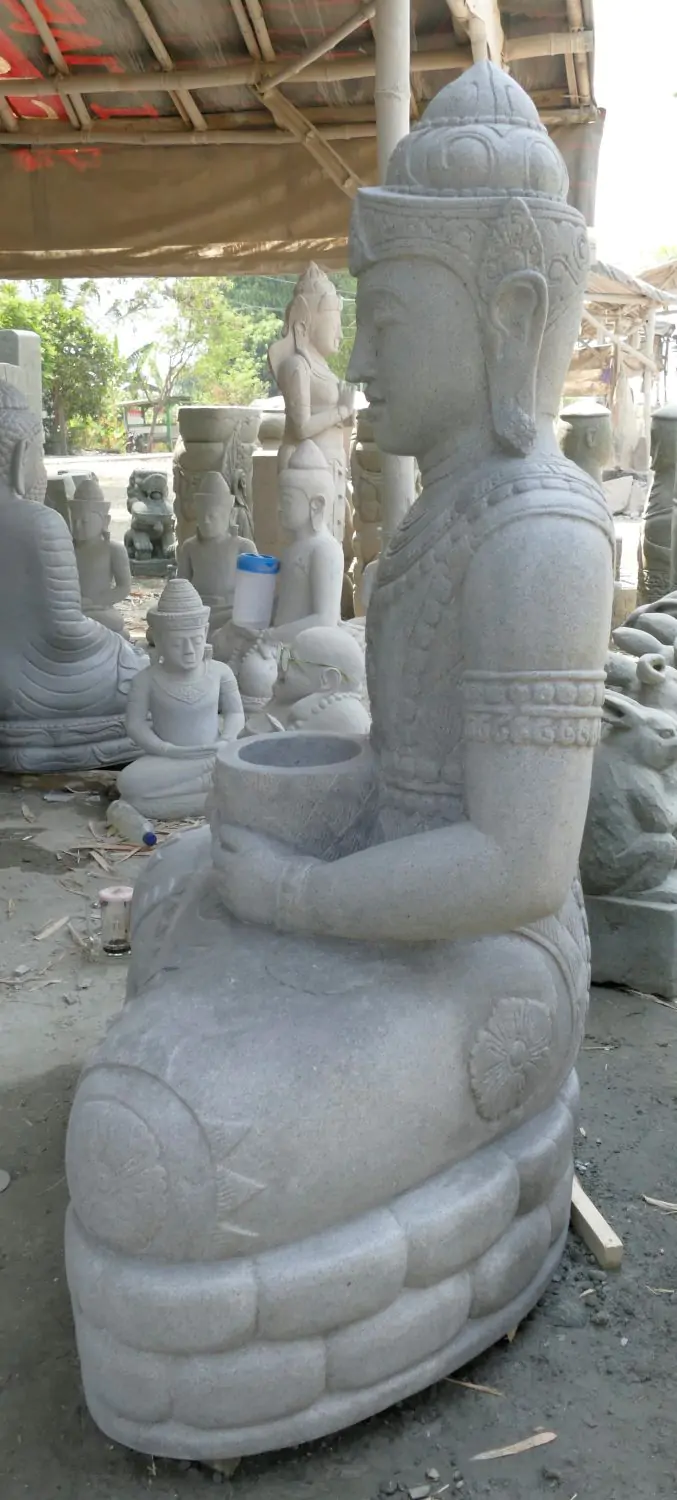  Product image 7 of the product “Seated Buddha in Thai style made of Riverstone, Holds a vessel in his hands, H. 154cm. ”